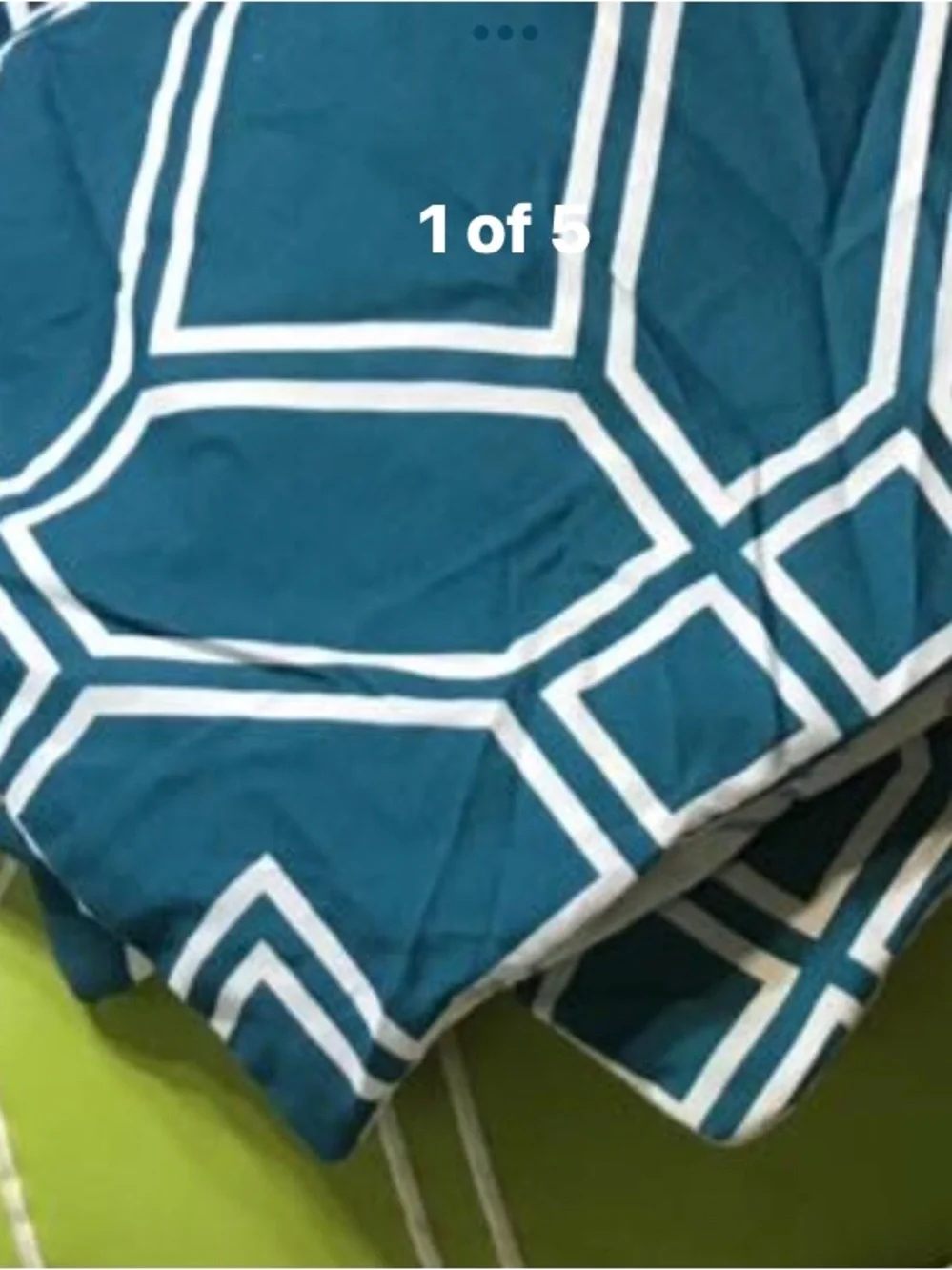 Teal Geometric queen comforter 2 pillow shams and one green throw pillow
